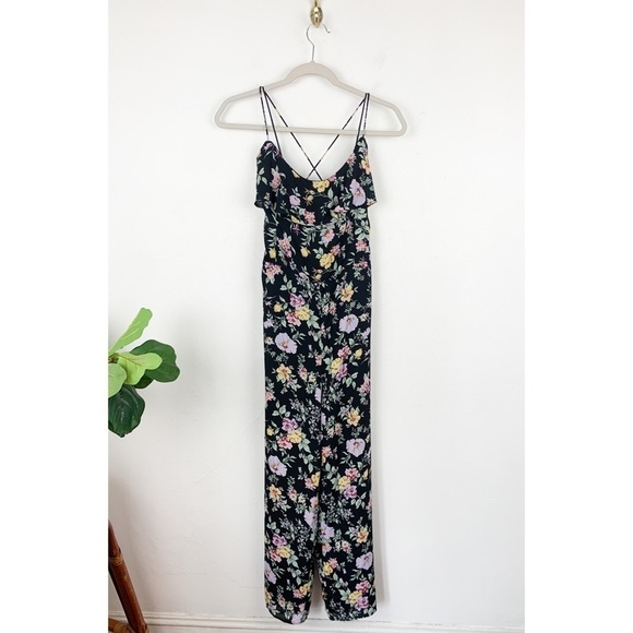 Abercrombie & Fitch Black Floral Strappy Back Jumpsuit Sz L - Picture 1 of 8